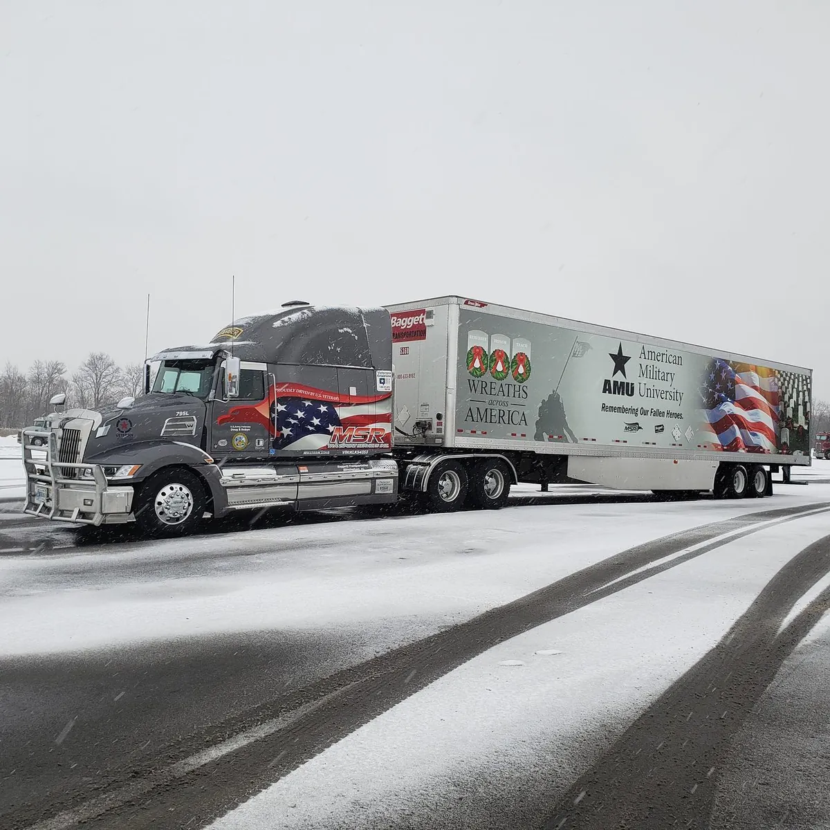 MSR Ride of Honor truck with American flag livery and Wreaths Across America trailer